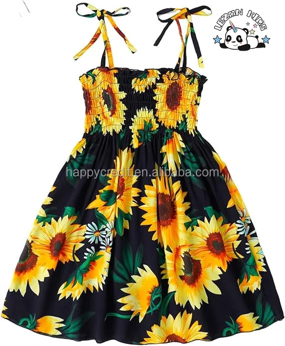 LEZONKIDS - Customizable Summer Sleeveless  Floral Beach Casual Sundress Girls Dress for 2-14 Years Children